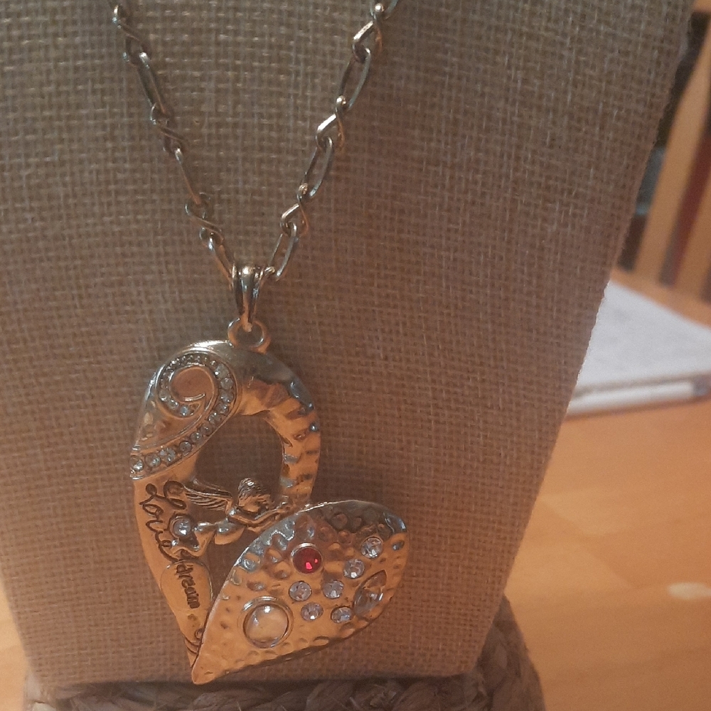 Gold Heart Pendant Necklace with Red Accents